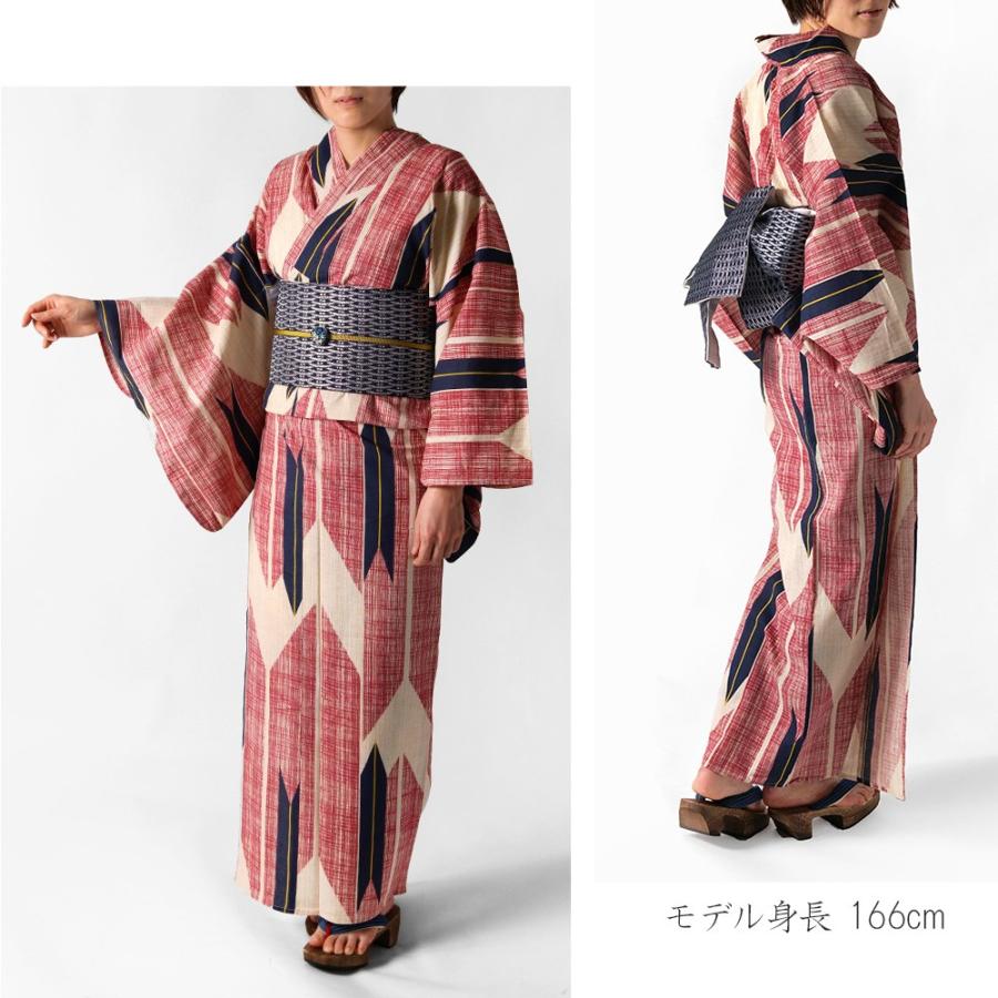 浴衣 単品 綿麻 矢羽根 レディース 赤 レトロ モダン 古典柄 夏着物