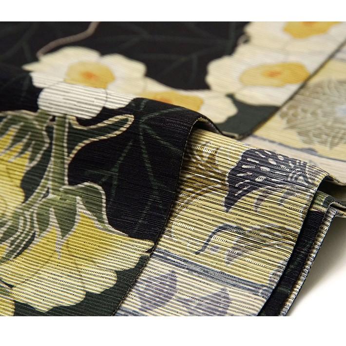 半幅帯 召しませ花 花あおい 葵 更紗風 深緑 黄色 グレー 日本製