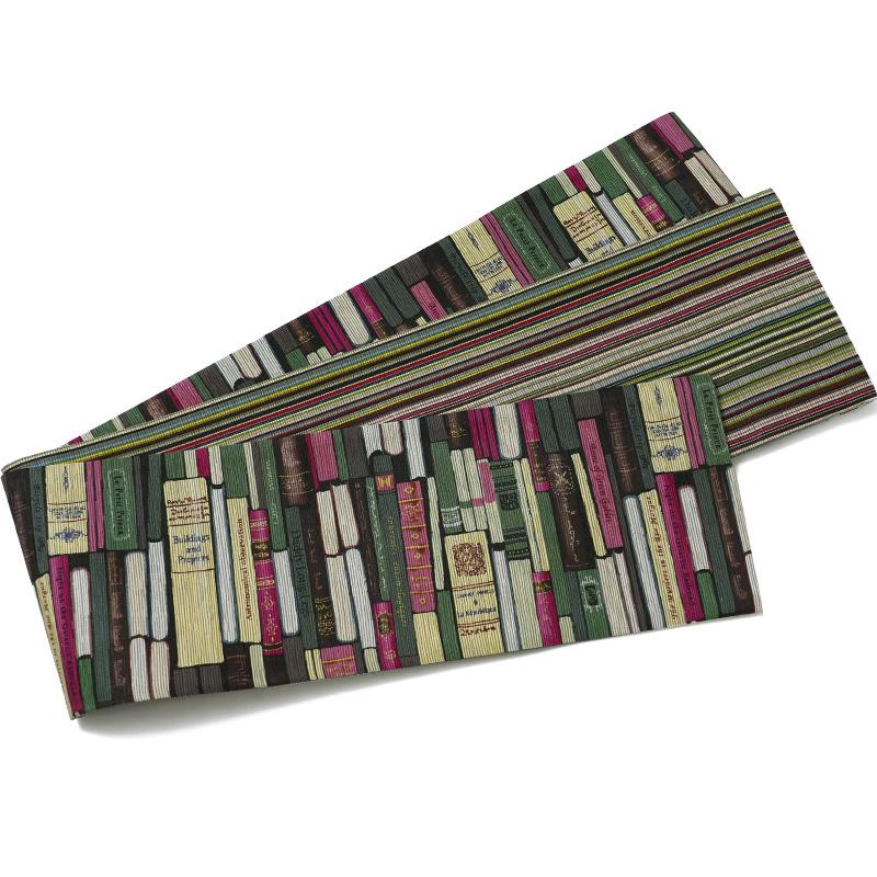 半幅帯 召しませ花 読書の時間 ピンク 緑 グレー 洋書 本 縞