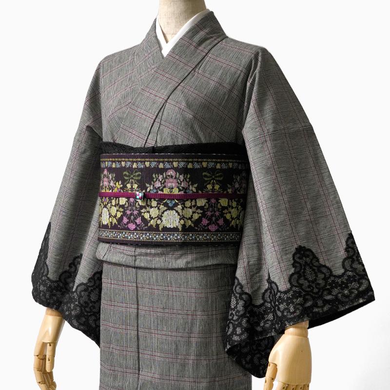 撫松庵 着物 リバーレース グレー 白 赤 黒 チェック 単衣 シック 