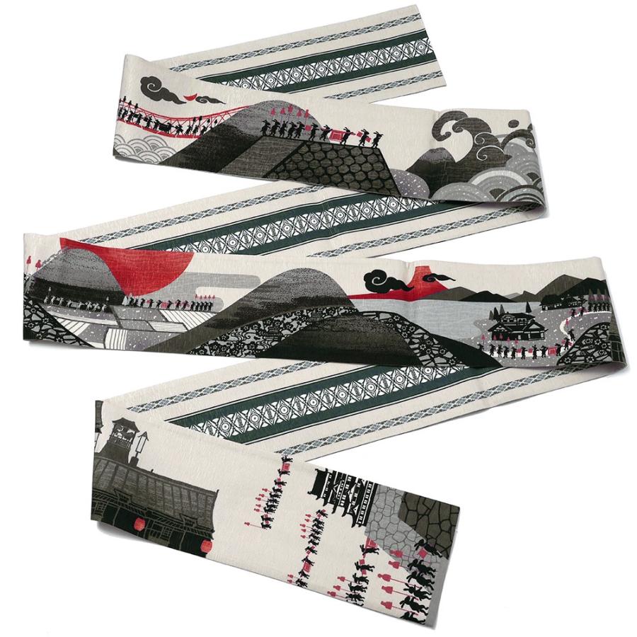 半幅帯 WAKKA いざお江戸！！ うさぎ 赤 黒 グレー アニマル 参勤交代