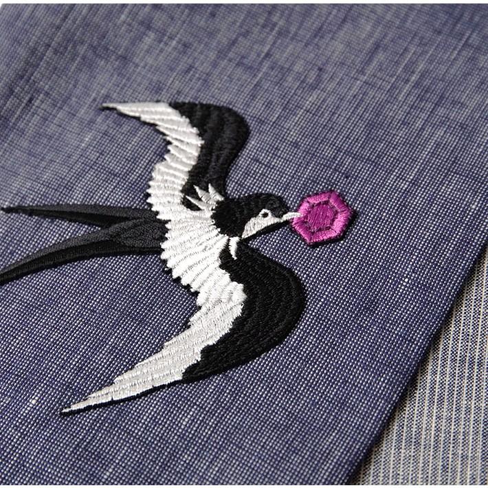 半幅帯 刺繍 ツバメ 麻 ネイビー カジュアル 長尺 童話 メルヘン 