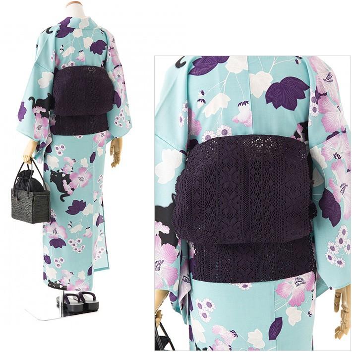 撫松庵 名古屋帯 レース 濃紫 花 日本製 夏帯 フェミニン 袋なごや帯 八寸帯｜kimono-dearjapan｜06