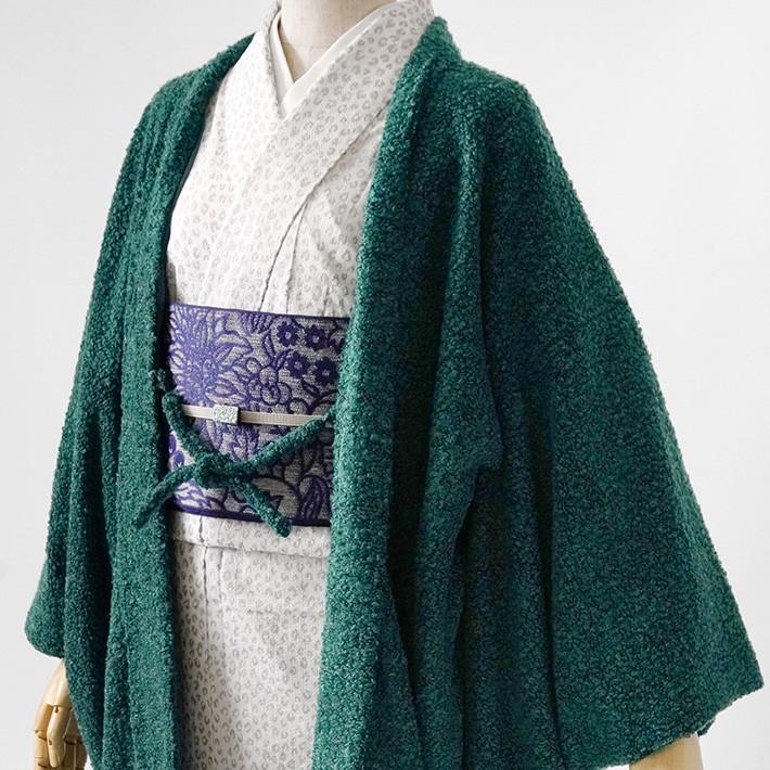 正絹 羽織 柏模様 落ち着いた若葉色 銀座【C-3082】ぐんまシルク 御召 苔色 波千鳥の地紋（反端付） :身丈