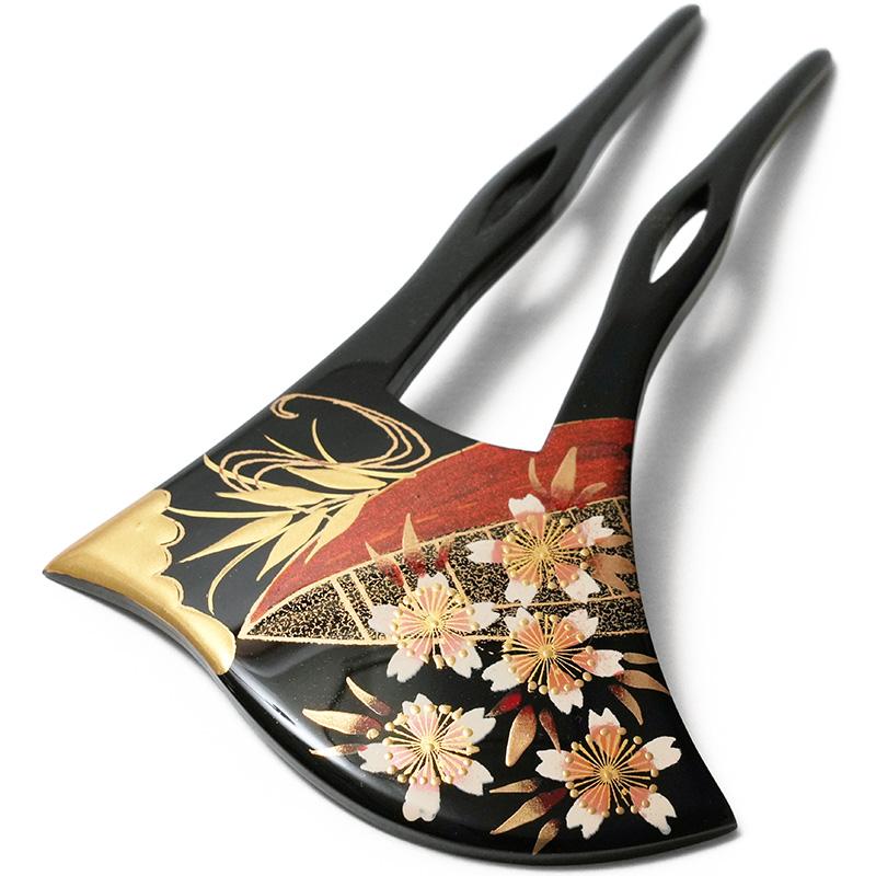 かんざし 桜 船 ラメ 蒔絵風 黒 金 バチ型 フォーマル 髪飾り かんざし 桜 船 ラメ 蒔絵風 黒 金 バチ型 フォーマル 髪飾り
