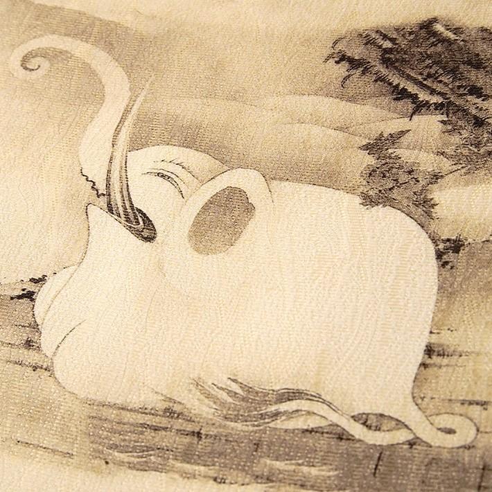 名古屋帯 像と鯨図屏風 伊藤若冲 ベージュ 生成 ゾウ 水墨画 日本画