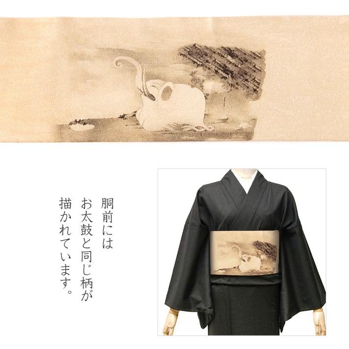 名古屋帯 像と鯨図屏風 伊藤若冲 ベージュ 生成 ゾウ 水墨画 日本画