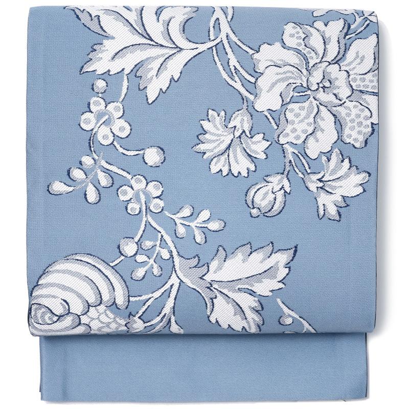 京袋帯 唐草 花 水色 グレー 白 モノトーン JAPAN MODE 着物 お太鼓  