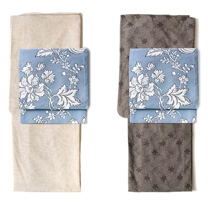 京袋帯 唐草 花 水色 グレー 白 モノトーン JAPAN MODE 着物 お太鼓  