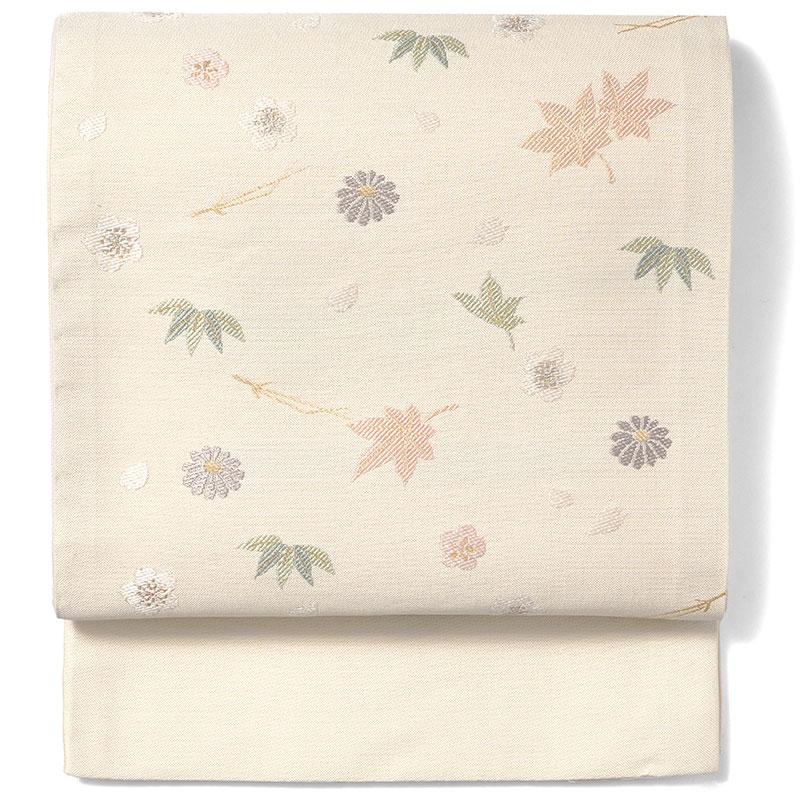 京袋帯 吹き寄せ アイボリー オフ白 紅葉 桜 松葉 笹 花 伝統文様