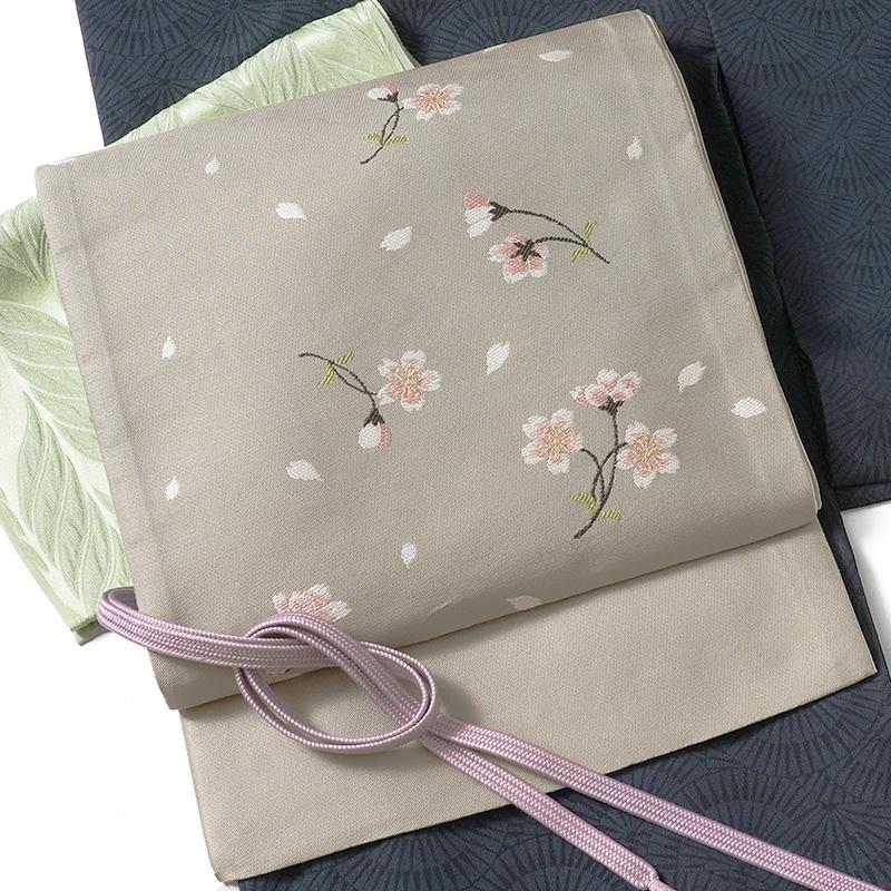 京袋帯 桜 グレー 伝統文様 JAPAN MODE 春 着物 お太鼓 仕立て上がり