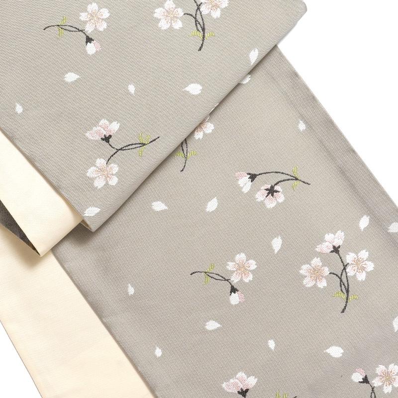 京袋帯 桜 グレー 伝統文様 JAPAN MODE 春 着物 お太鼓 仕立て上がり
