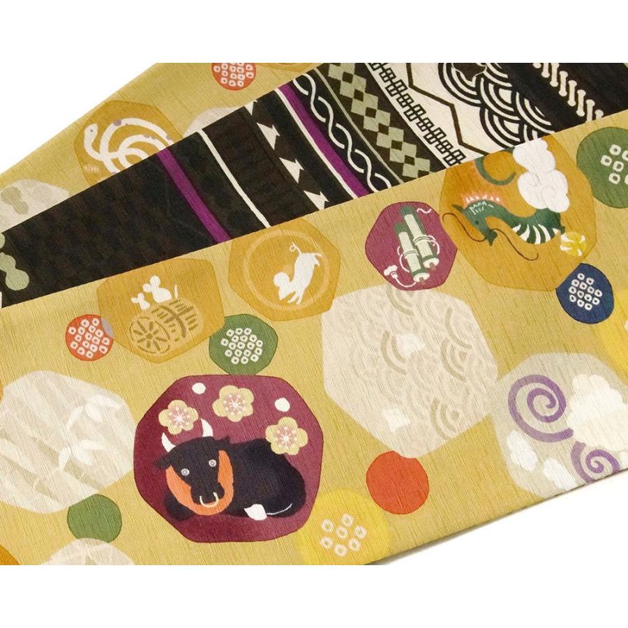 半幅帯 Wakka 干支丸 十二支 縁起物 黄色 黄土 深緑 伝統文様 縞 アニマル 正絹 リバーシブル 長尺 変わり結び Dear Japan Yahoo ショッピング店 通販 Yahoo ショッピング