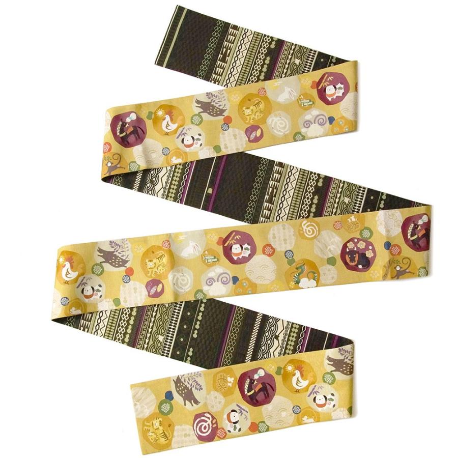 半幅帯 Wakka 干支丸 十二支 縁起物 黄色 黄土 深緑 伝統文様 縞 アニマル 正絹 リバーシブル 長尺 変わり結び Dear Japan Yahoo ショッピング店 通販 Yahoo ショッピング