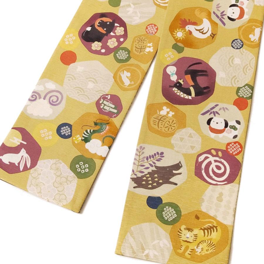 半幅帯 Wakka 干支丸 十二支 縁起物 黄色 黄土 深緑 伝統文様 縞 アニマル 正絹 リバーシブル 長尺 変わり結び Dear Japan Yahoo ショッピング店 通販 Yahoo ショッピング