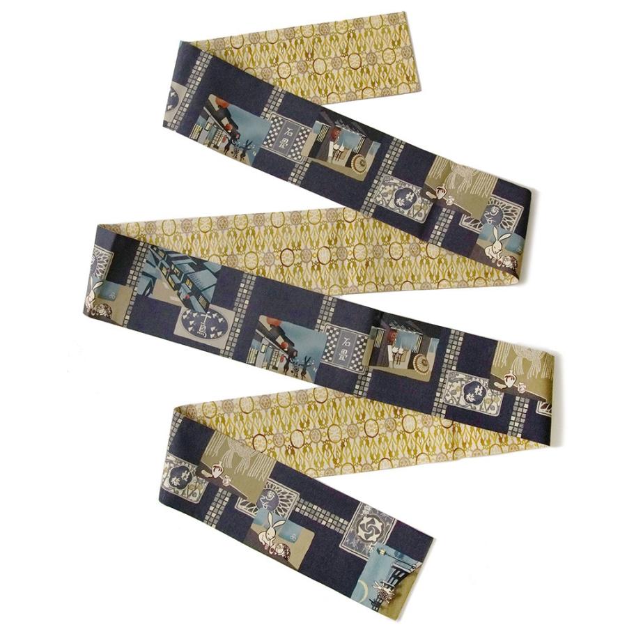 WAKKA リバーシブル半幅帯 音符柄 兎柄 半幅帯 WAKKA はしご酒 うさぎ かめ 鳥獣戯画 紺 黄土 ネイビー お酒