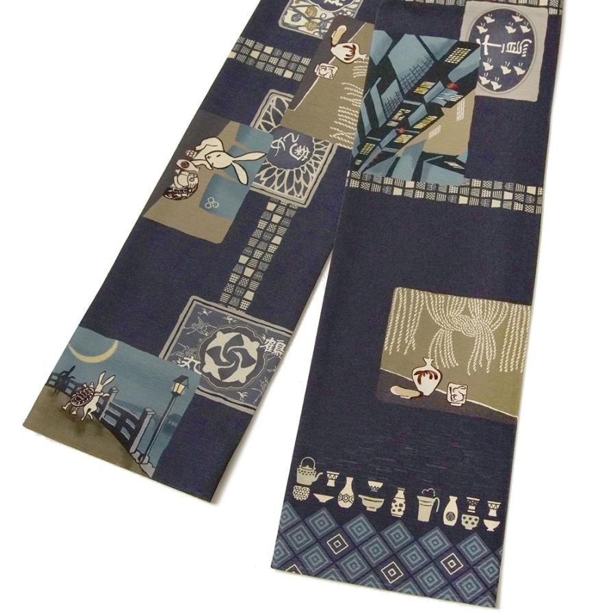 半幅帯 WAKKA はしご酒 うさぎ かめ 鳥獣戯画 紺 黄土 ネイビー お酒