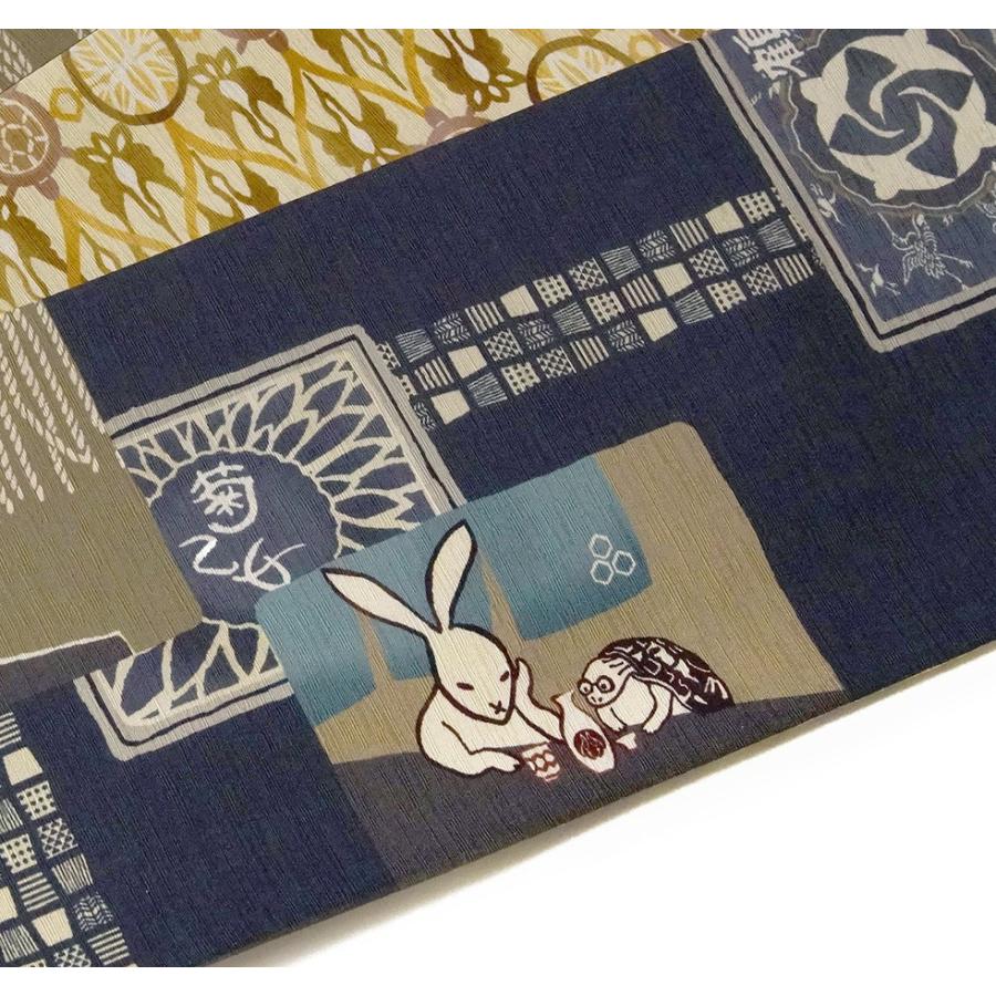 半幅帯 WAKKA はしご酒 うさぎ かめ 鳥獣戯画 紺 黄土 ネイビー お酒