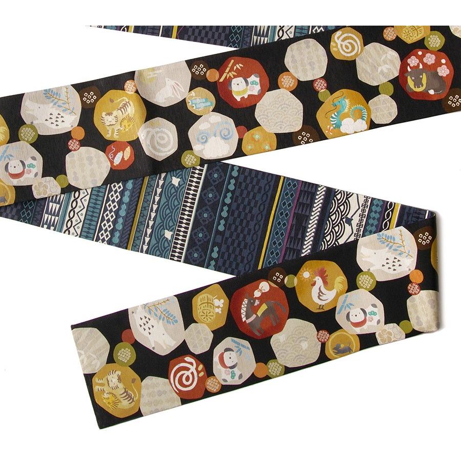 半幅帯 WAKKA 干支丸 十二支 縁起物 黒 藍 ネイビー 紺 伝統文様 縞