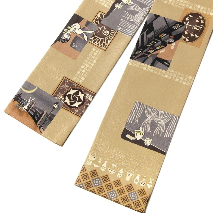半幅帯 WAKKA はしご酒 うさぎ かめ 鳥獣戯画 黄土 イエローベージュ