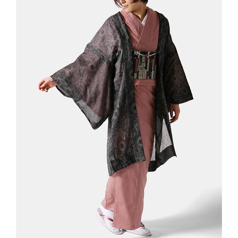 クーポン配布中】長羽織 黒 グレー オーガンジー 薄羽織 花 春 夏 秋