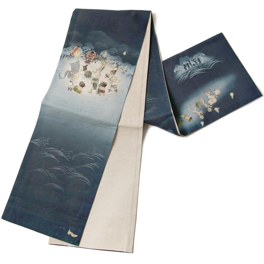京袋帯 WAKKA 麻 スイカ割り ネイビー 紺 青 妖怪 オバケ 鬼 カッパ