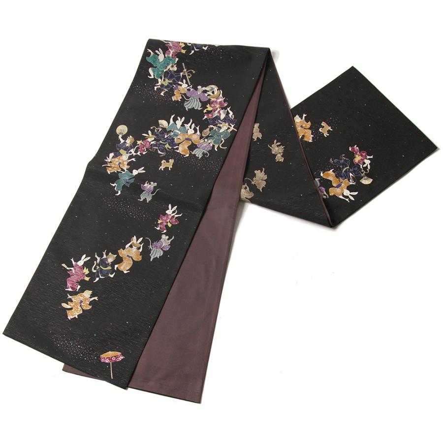 京袋帯 WAKKA ええじゃないか 黒 カラフル うさぎ 猫 ねこ 踊り