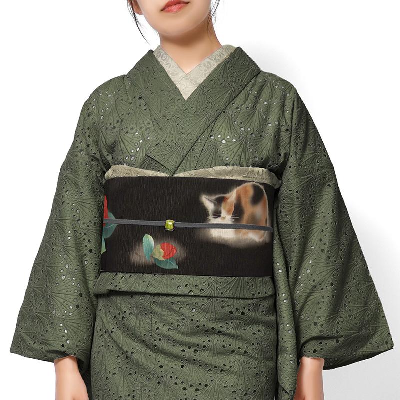 京袋帯 WAKKA 椿猫十郎 黒 赤 三毛猫 花 動物 レトロ モダン シック
