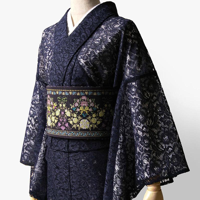 レース着物 ネイビー 花唐草 ペイズリー スカラ花模様 モダン シック 