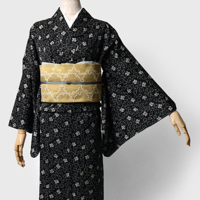 半幅帯 正絹 雪輪 カラシ 黄土 黄色 伝統文様 長尺 レトロ シック 日本製 リバーシブル 変り結び 細帯 つやび 雅姫の画像