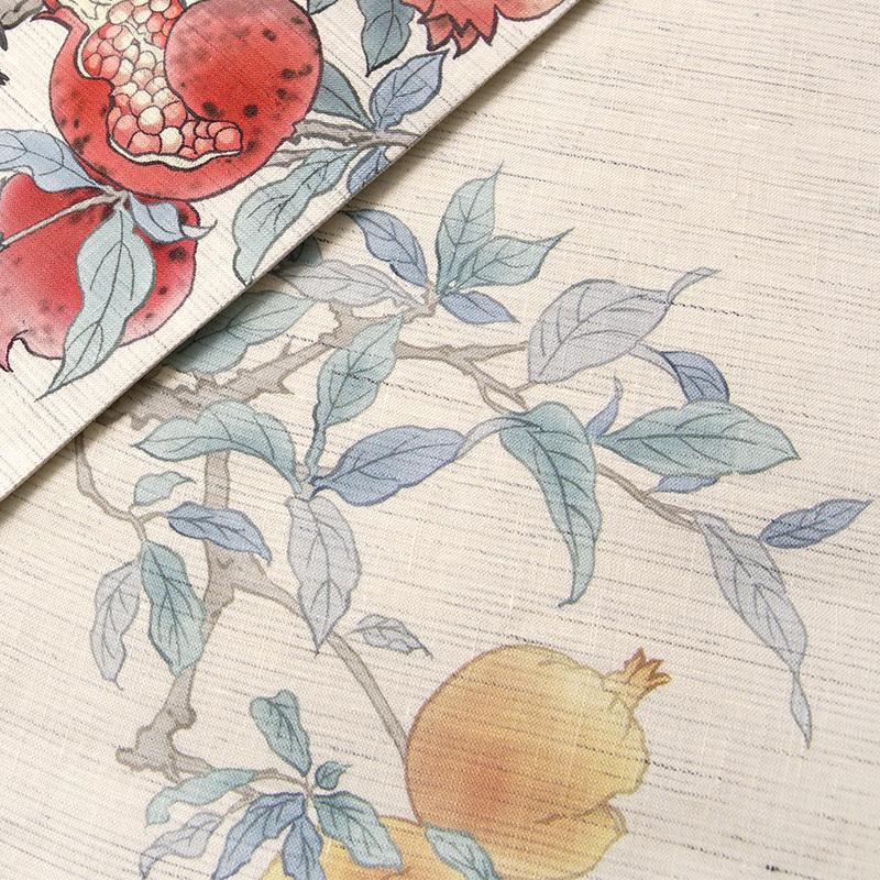 京袋帯 WAKKA 麻 赤い宝石 オフ白 ベージュ ザクロ 果物 小鳥 お太鼓 一重太鼓 夏帯の画像