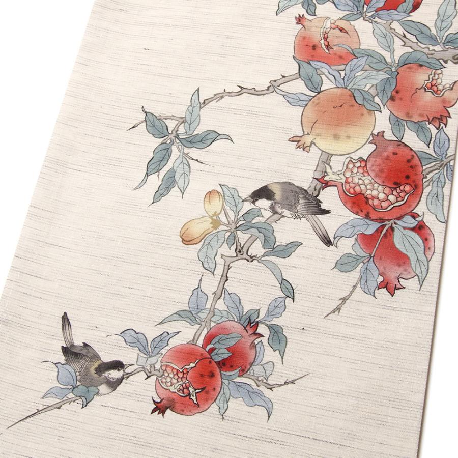 京袋帯 WAKKA 麻 赤い宝石 オフ白 ベージュ ザクロ 果物 小鳥 お太鼓 一重太鼓 夏帯の画像