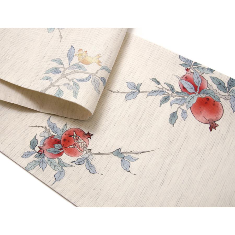 京袋帯 WAKKA 麻 赤い宝石 オフ白 ベージュ ザクロ 果物 小鳥 お太鼓 一重太鼓 夏帯の画像