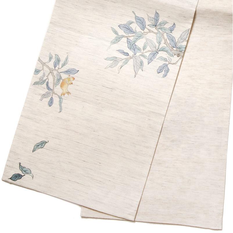 京袋帯 WAKKA 麻 赤い宝石 オフ白 ベージュ ザクロ 果物 小鳥 お太鼓 一重太鼓 夏帯の画像