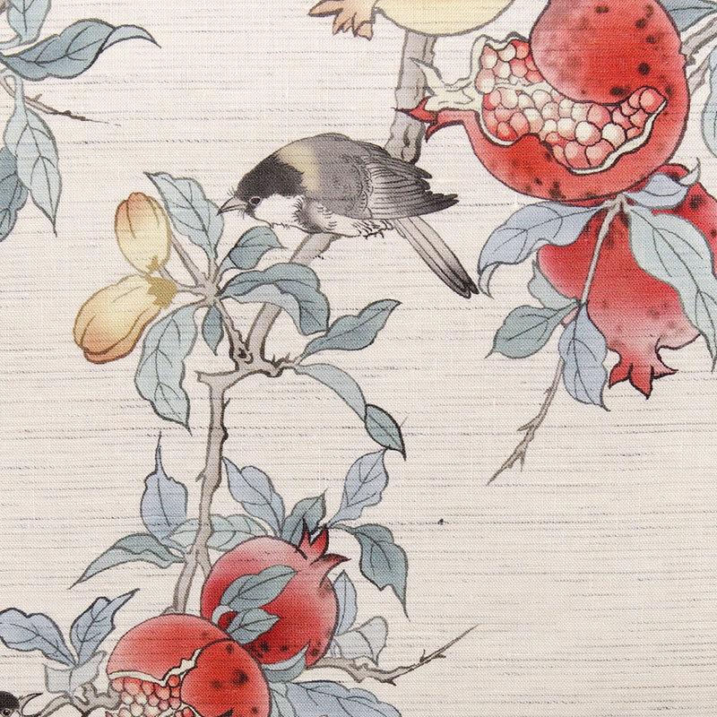 京袋帯 WAKKA 麻 赤い宝石 オフ白 ベージュ ザクロ 果物 小鳥 お太鼓 一重太鼓 夏帯の画像