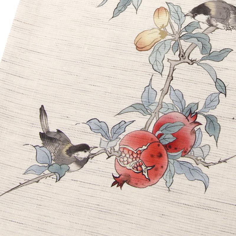 京袋帯 WAKKA 麻 赤い宝石 オフ白 ベージュ ザクロ 果物 小鳥 お太鼓 一重太鼓 夏帯の画像