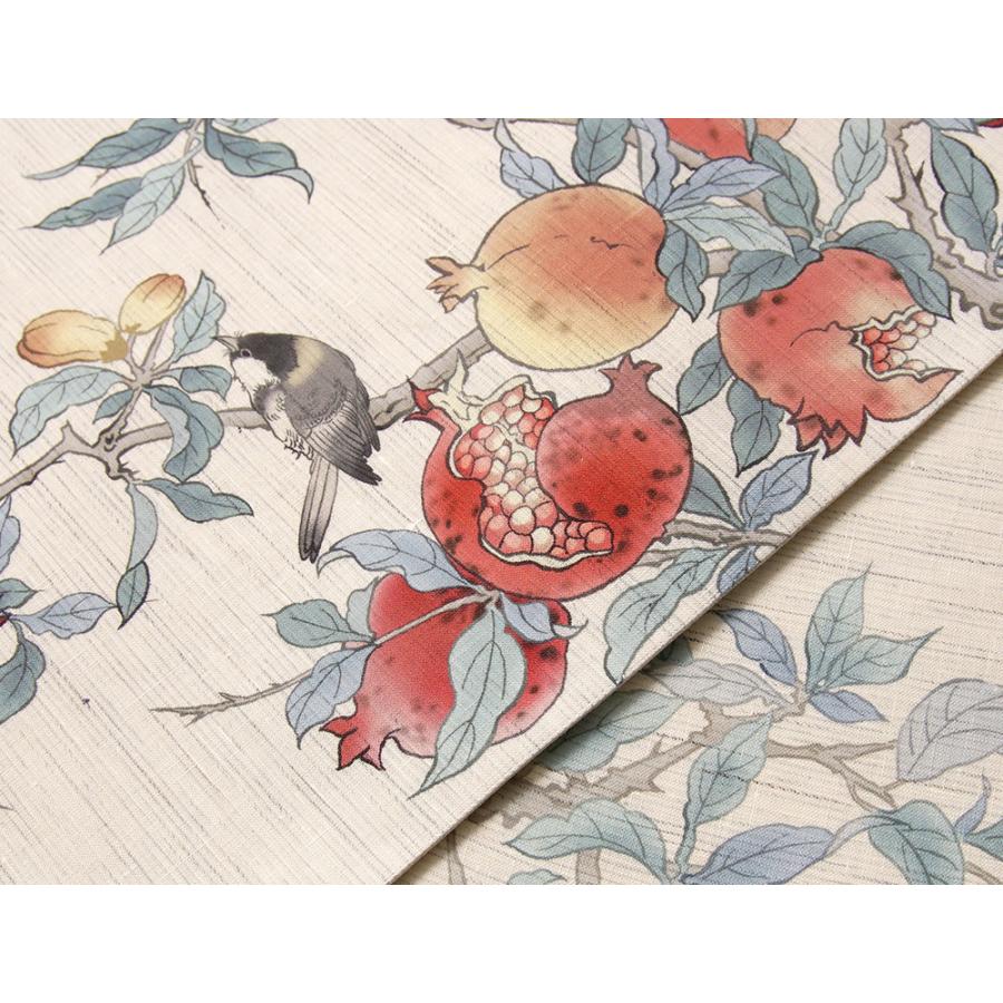 京袋帯 WAKKA 麻 赤い宝石 オフ白 ベージュ ザクロ 果物 小鳥 お太鼓 一重太鼓 夏帯の画像