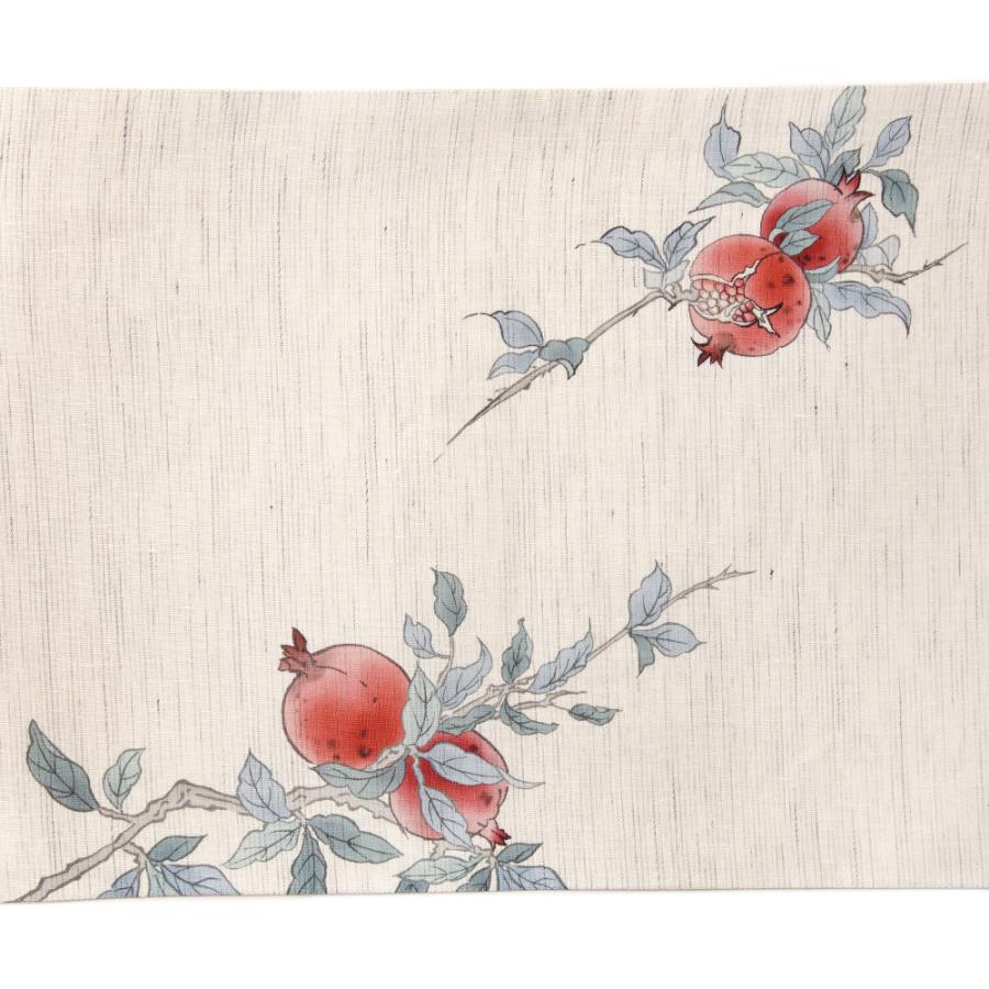 京袋帯 WAKKA 麻 赤い宝石 オフ白 ベージュ ザクロ 果物 小鳥 お太鼓 一重太鼓 夏帯の画像