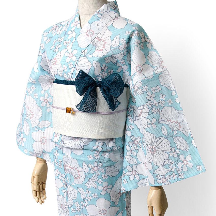夏着物 綿絽 そしてゆめ 花 植物 水色 白 パステル 古典柄 女性用 仕立