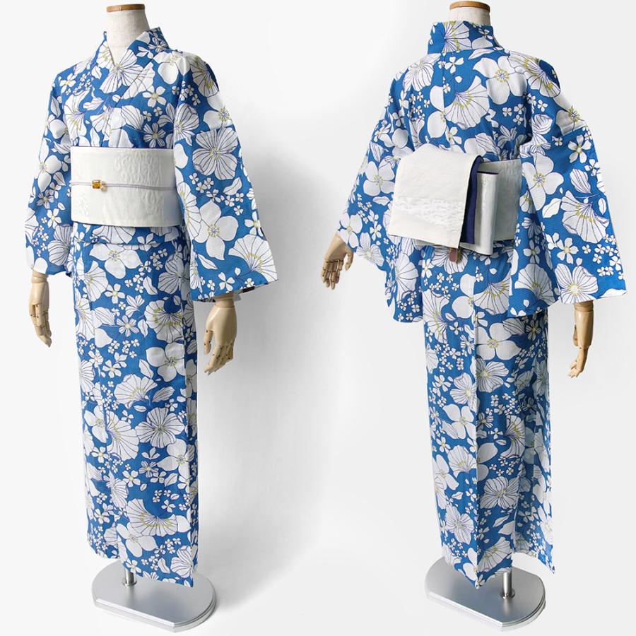 夏着物 綿絽 そしてゆめ 花柄 植物 青 白 黄色 古典柄 夏着物 綿絽 そしてゆめ 花柄 植物 青 白 黄色 古典柄