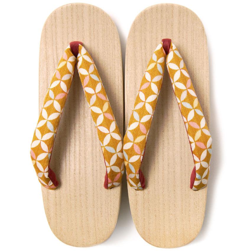 下駄 七宝 からし 黄土 白木 生成り 右近下駄 レトロ モダン 古典柄