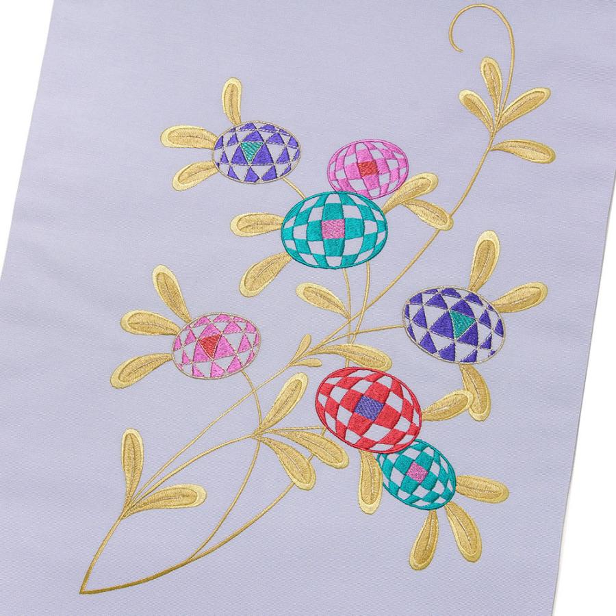 塩瀬　名古屋帯　花模様　刺繍 名古屋帯 刺繍 薄紫 パープル グレー チェック 花 塩瀬 レトロ シック
