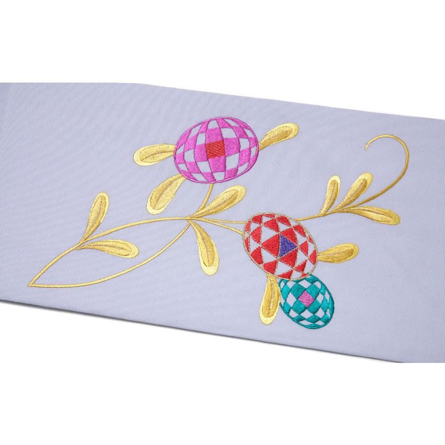 名古屋帯 刺繍 薄紫 パープル グレー チェック 花 塩瀬 レトロ シック