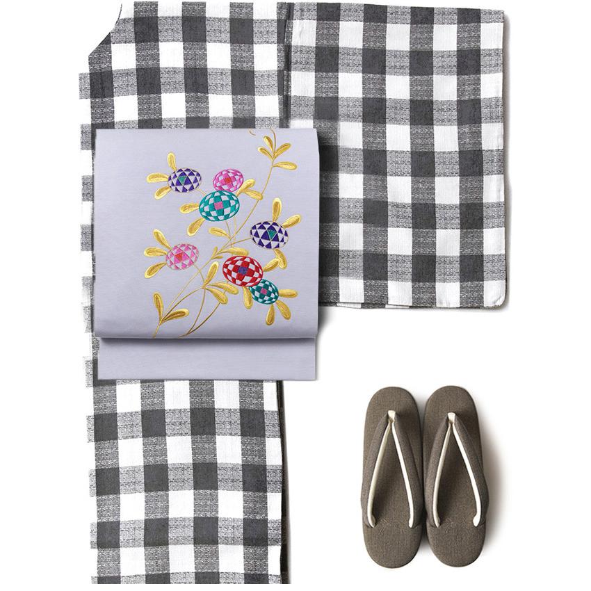 名古屋帯 刺繍 薄紫 パープル グレー チェック 花 塩瀬 レトロ シック