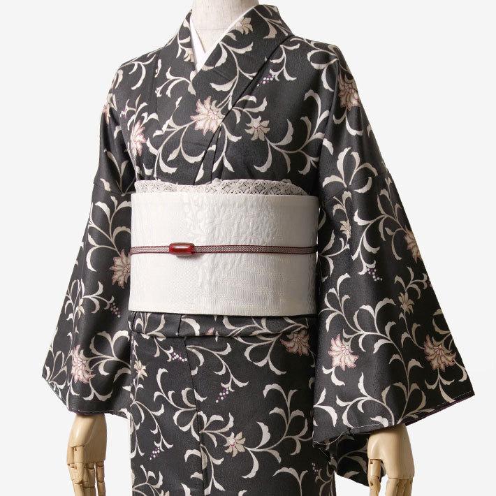 着物 黒 花唐草 袷 洗える シック 古典柄 小紋 仕立て上がり 単品 