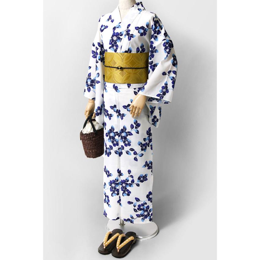 紺色・白色花柄 浴衣 単品 浴衣 吸水速乾 椿 青 ネイビー 紺 オフ白 花 大人 レディース モダン