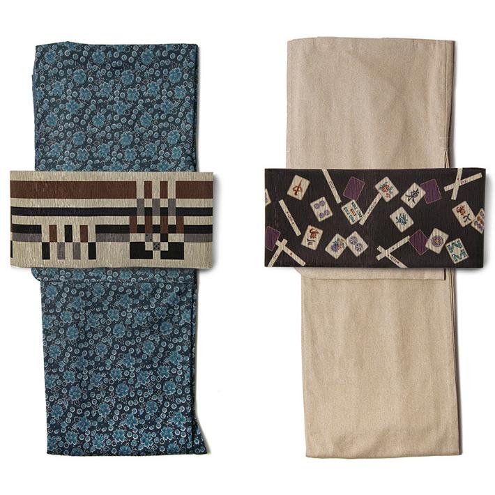 半幅帯 召しませ花 麻雀牌 ダークブラウン グレー モダン 日本製