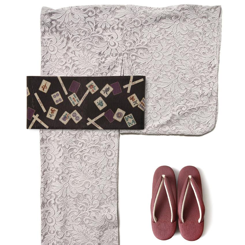 半幅帯 召しませ花 麻雀牌 ダークブラウン グレー モダン 日本製