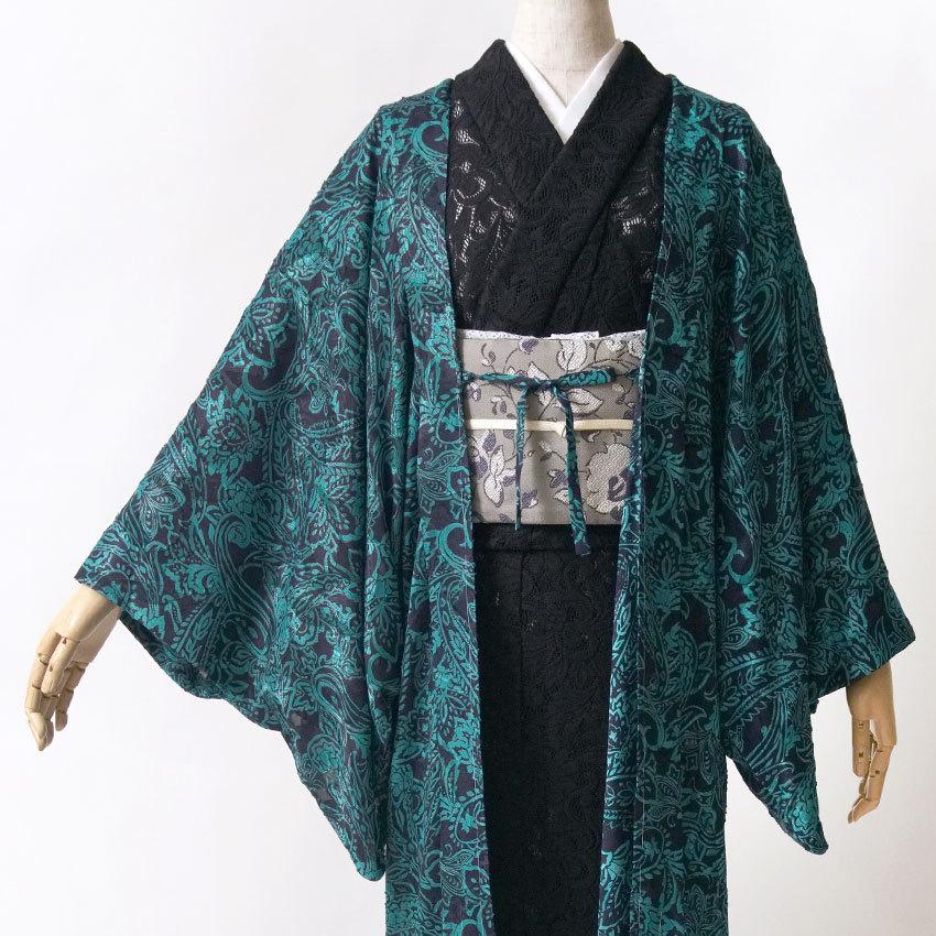 薄羽織 召しませ花 カットジャガード 青緑 ターコイズ 黒 更紗 薄羽織 召しませ花 カットジャガード 青緑 ターコイズ 黒 更紗