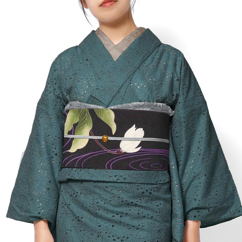 京袋帯 WAKKA 月下美人 黒 白 グレー 花 モダン 正絹 お太鼓 一重太鼓